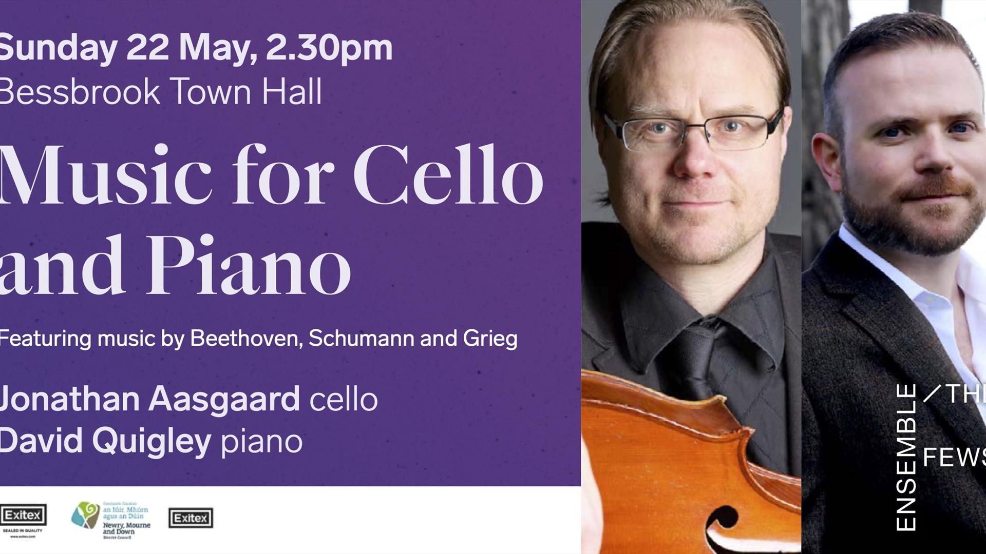 Poster featuring David Quigley and Jonathan Aaasgaard to promote event 'Music for Cello & Piano'