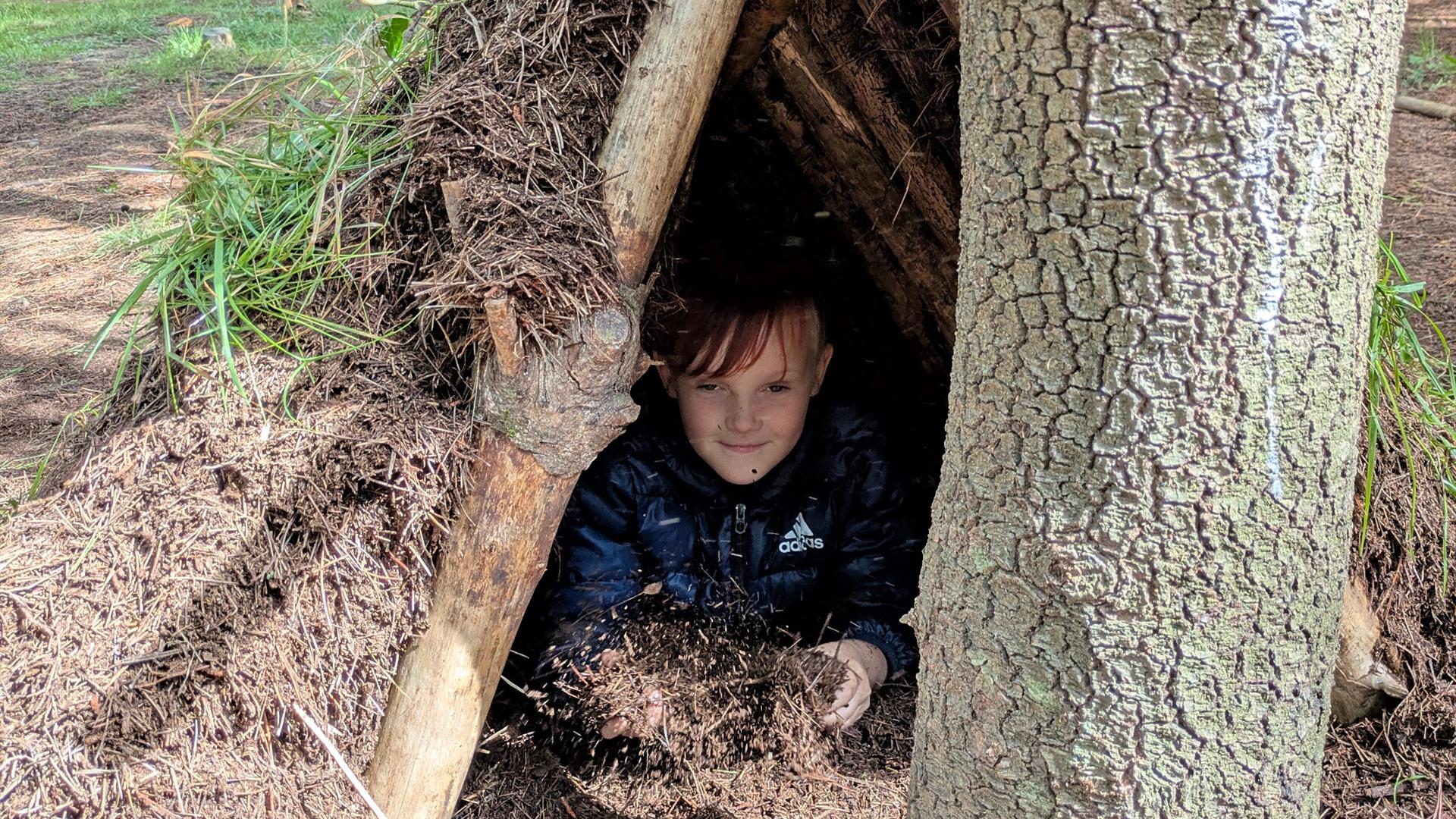 Child looking out from behind tree