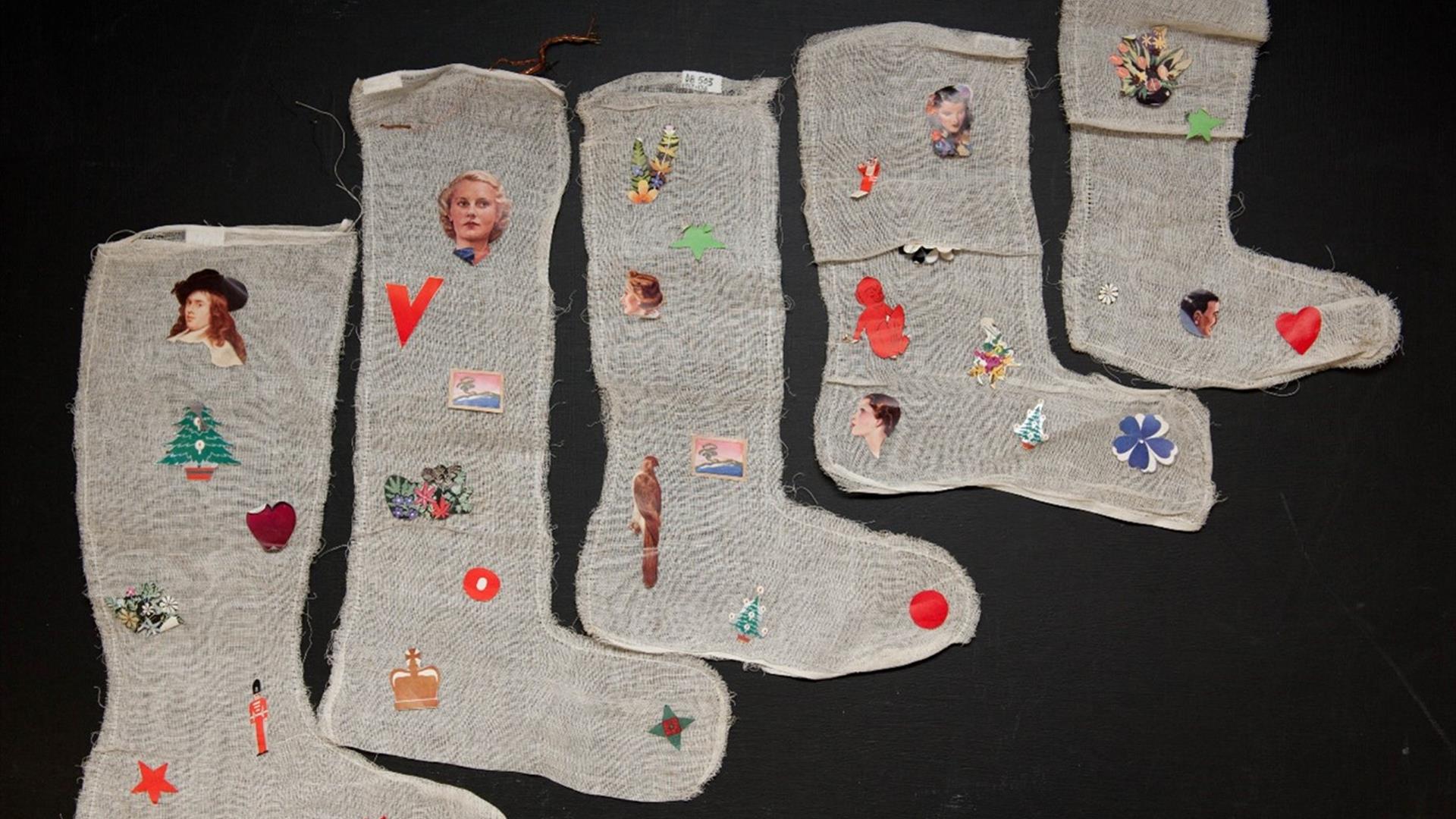 handmade Christmas stockings decorated with magazine cutouts. Part of the DCM collection.