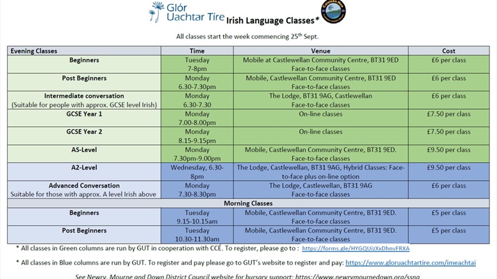 Time table of Irish Classes