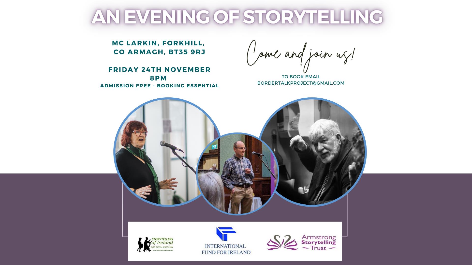 Text promoting, an evening of storytelling as part of Ring of Gullion Autumn Fest.