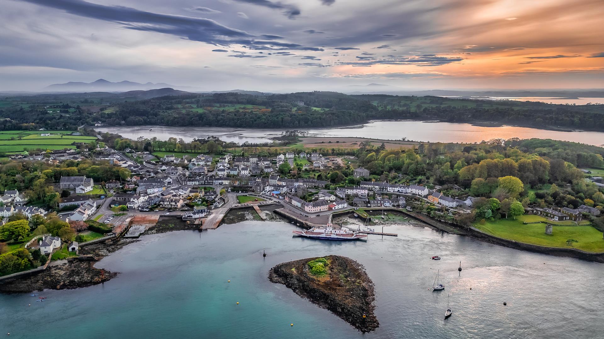 Aerial view of Strangford Lough and village