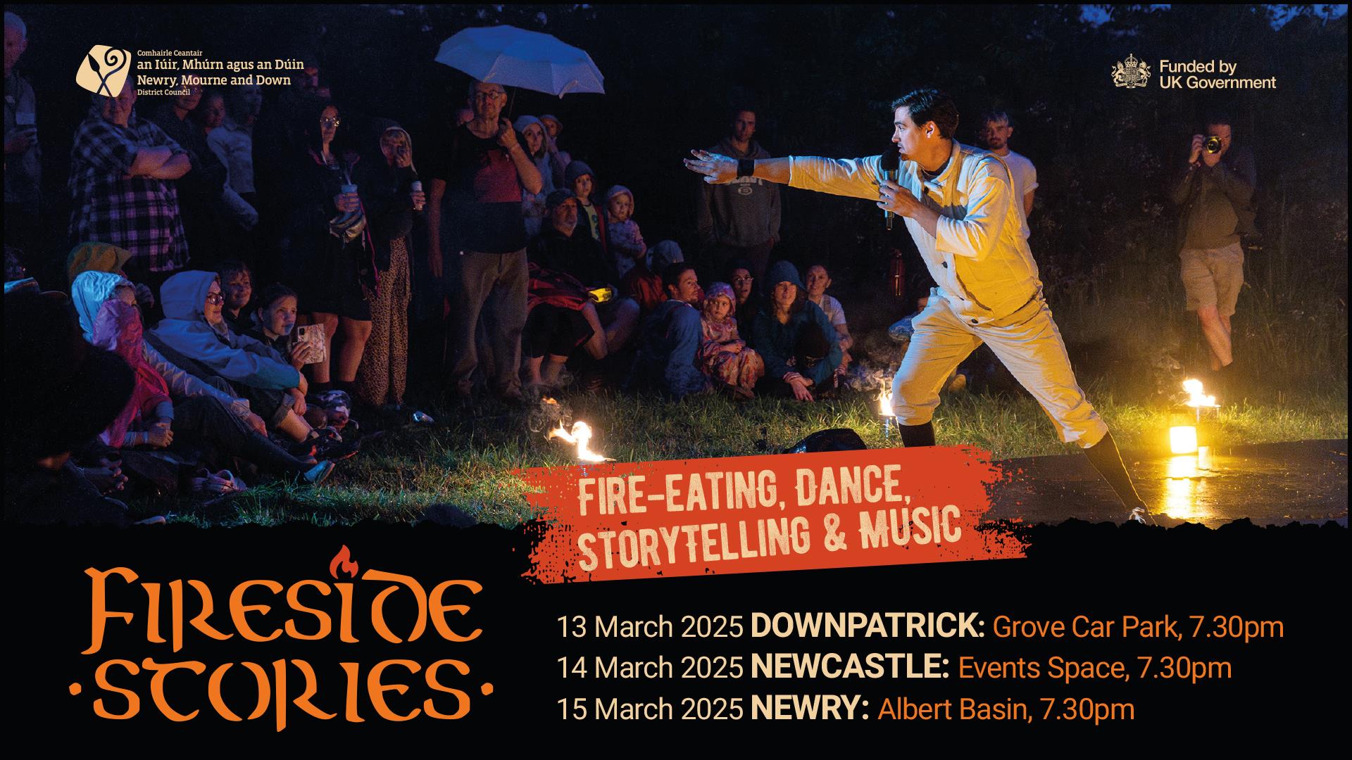 A poster promoting the Fireside Stories event in Newry, Newcastle and Downpatrick this March.