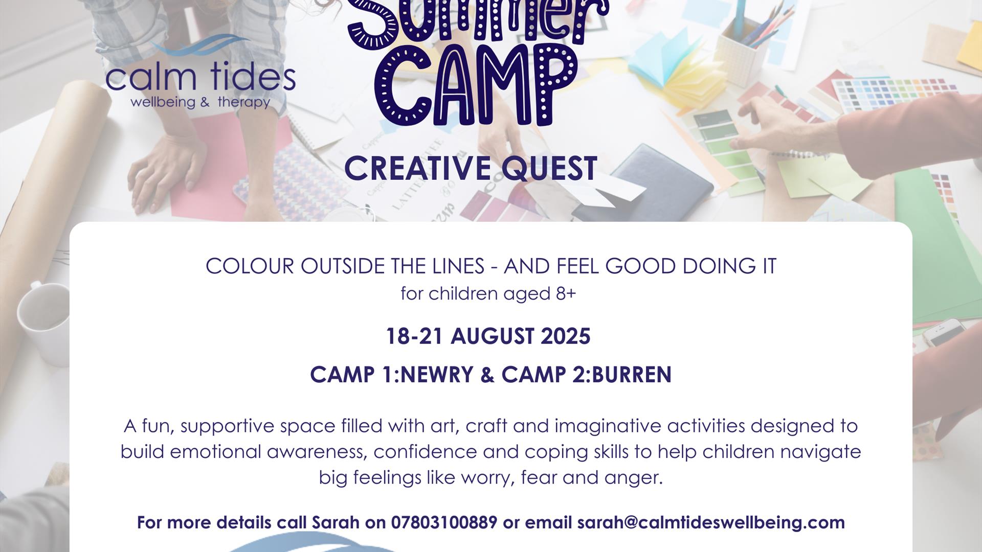 Poster with details about a summer camp in county down in August 2026 with a background of art and craft activities
