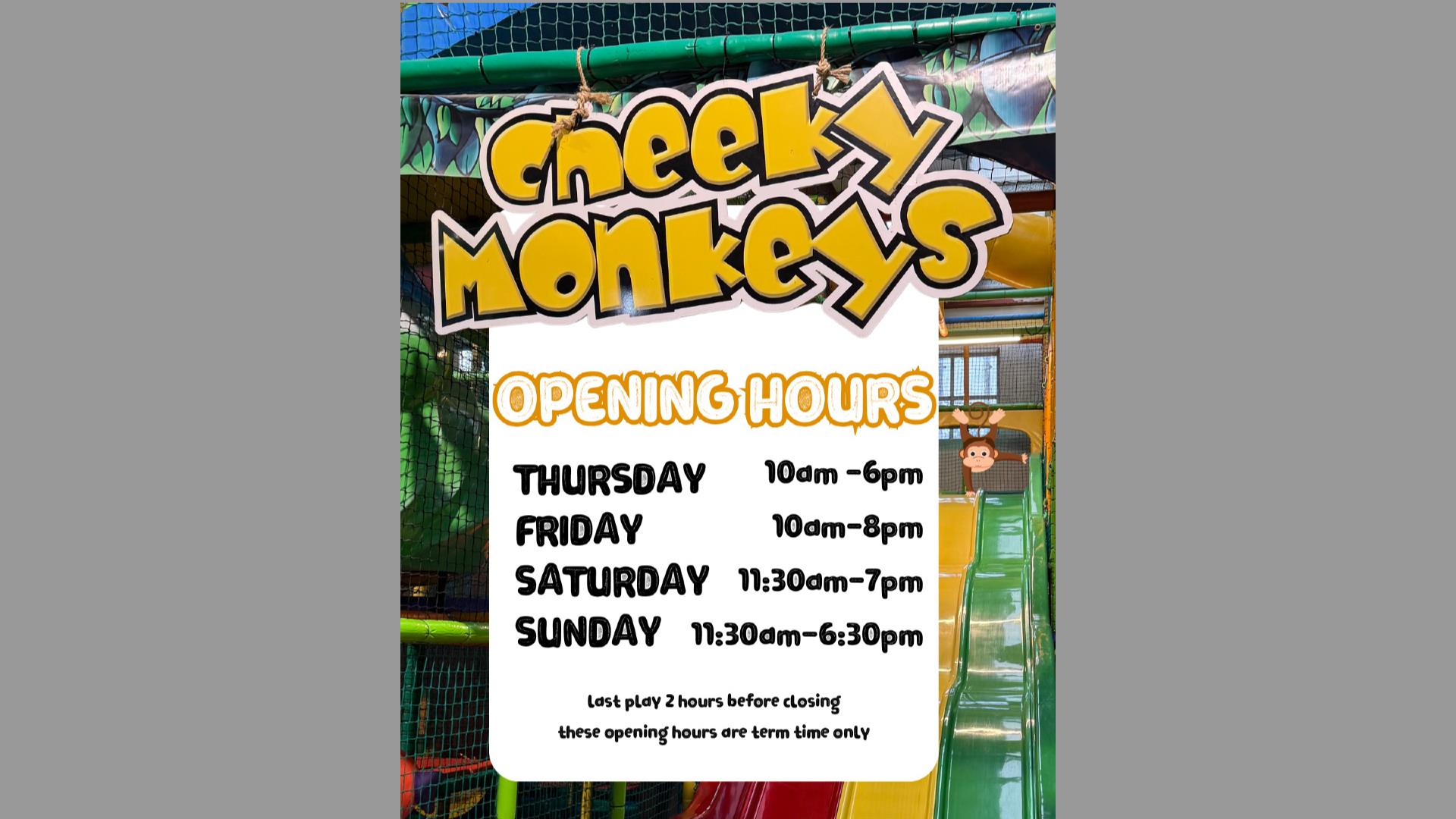 Poster showing opening times of cheeky monkeys play area
