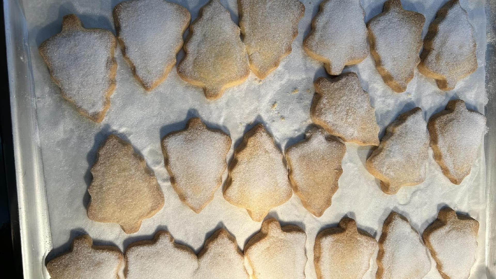 A tray of Christmas tree shortbread