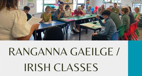 Poster advertising Irish language classes for all levels starting September 8th, with morning and evening options.