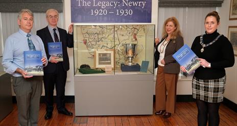 Launch photograph  of 'The Legacy: Newry 1920 - 1930' with Newry and Mourne Curator and Chairperson of Newry, Mourne and Down District Council, Counci