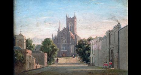 Painting in oils of The Mall, Downpatrick by James Glen Wilson looking towards Down Cathedral