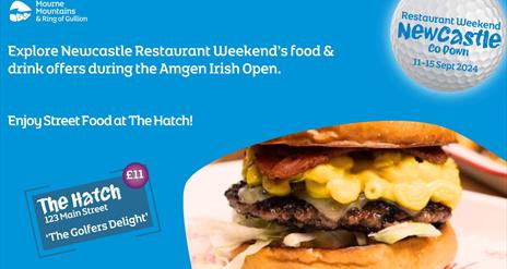 The Hatch - a picture of a Mourne shorthorn smashed patty in a brioche bun,  freshly made.