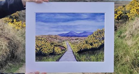 Painting of Mourne mountains from Murlough Nature reserve, within image of Mourne Mountains from Murlough Nature Reserve
