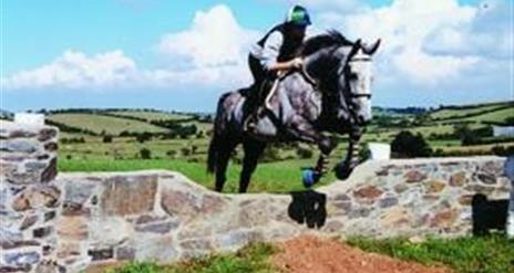 Horse and rider jumping over stone wall