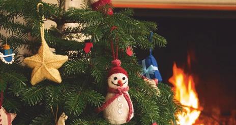 Picture displaying a knitted snowman and a star hanging on a Christmas tree.