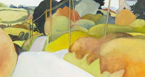 Road from Raholp by Catriona Clarke, a landscape painting showing stylised trees and hedgerows in yellows and oranges and dark greys, next to a white