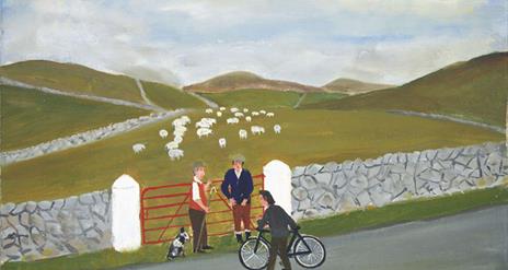 Painting of three men talking next to a gate, with a field of sheep in the background