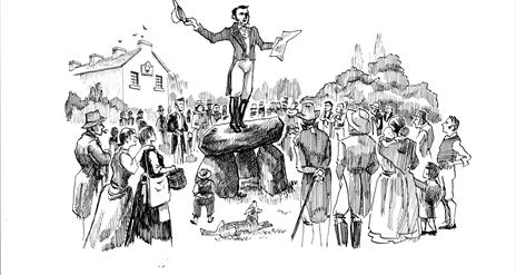 A modern pen and ink drawing showing Thomas Russell making a public address