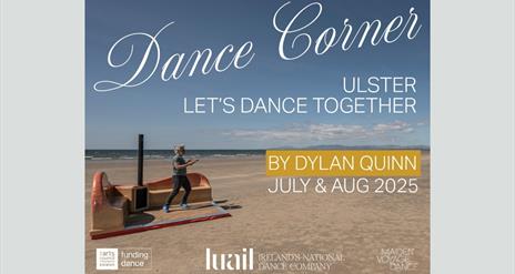 An image of Dylan dancing on his purpose built dance corner, on a sandy beach with the tide on the horizon.