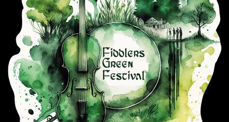 Watercolour-style logo for Fiddler's Green Festival featuring a green violin, trees.