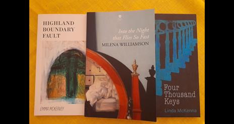 covers of Highland Boundary Fault, Into the Night that Flies so fast and Four Thousand Keys, side by side