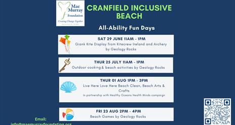 Text promoting fun days at Cranfield Beach with Mae Murray Foundation. 29.06, 25,07, 01.07 and 23.08.