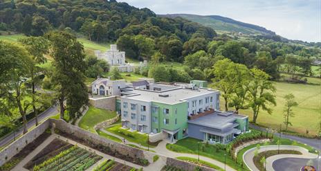 Aerial view of Killeavy Castle Estate. A luxury Hotel Spa destination in Newry, Northern Ireland.