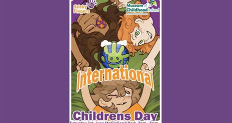 Poster promoting International Children's Day, McClelland Park, Newry City on 1.6.24, 2pm - 6pm.Three cartoon children holding hands around the world.