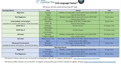 Time table of Irish Classes