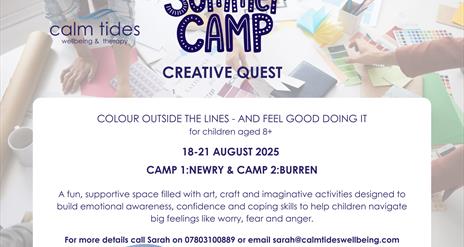 Poster with details about a summer camp in county down in August 2026 with a background of art and craft activities