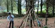 Constructing bush craft structure round tree