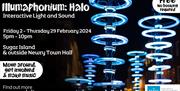 Illumaphonium Halo, Newry City, photograph showing the interactive light installation lit up against the dark sky.