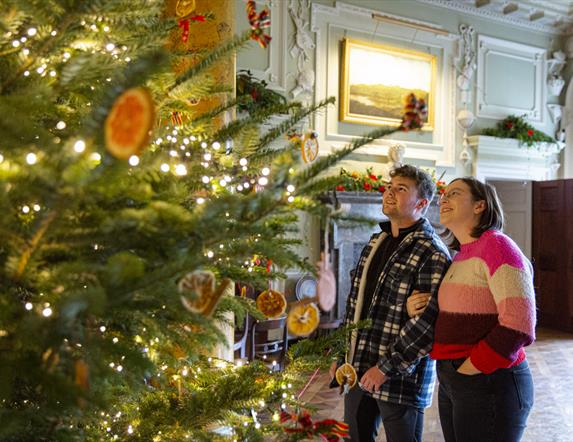 Visitors exploring the festive interiors in the Entrance Hall at Castle Ward, County Down