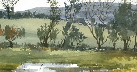 A section of Dympna Kearns' watercolour, Flooded Field, October (1990), showing trees located in a flooded field in Rosconnor