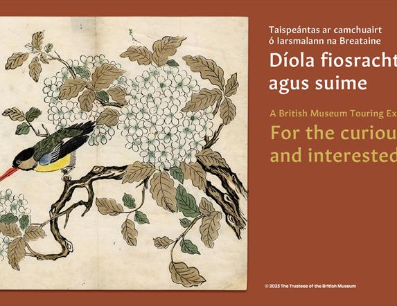 Exhibition banner image featuring a woodblock print of  a multicoloured small bird on a flowery branch.
