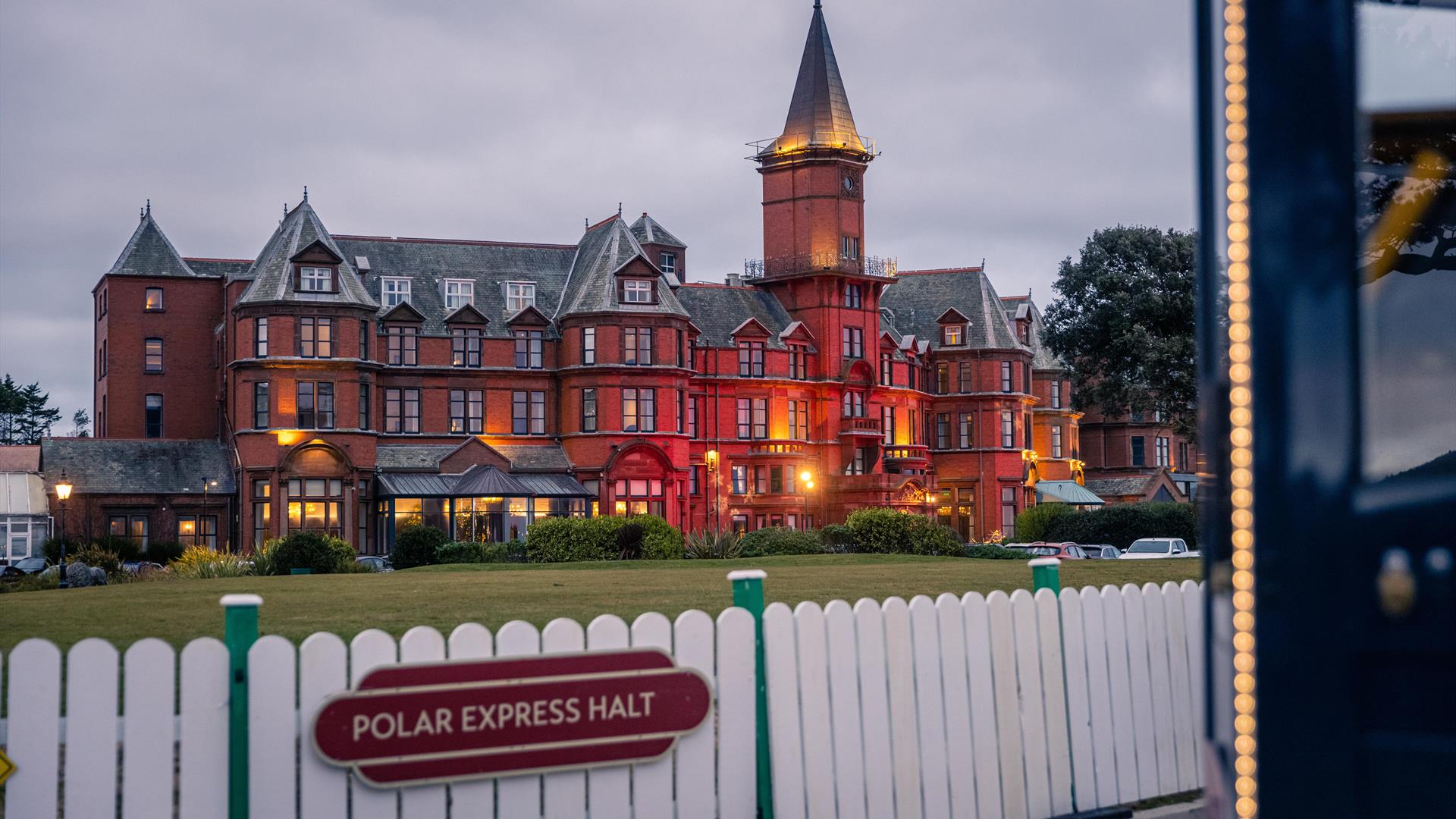 Exterior of Slieve Donard with a Polar Express sign and train.