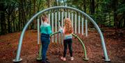 Two children playing an outside musical instrument at Fionn's Giant Adventure at Slieve Gullion Forest Park.