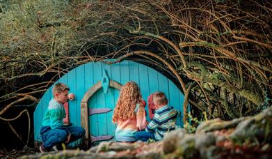 Three children knocking a blue fairy door at Slieve Gullion Forest Park.