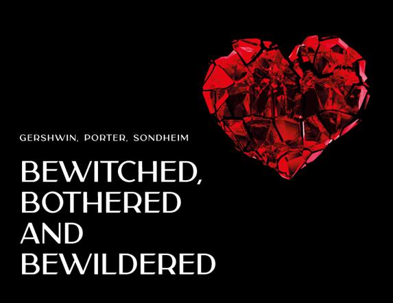 A black background with a shattered red glass heart off centre, and white text saying 'Bewitched, Bothered and Bewildered
