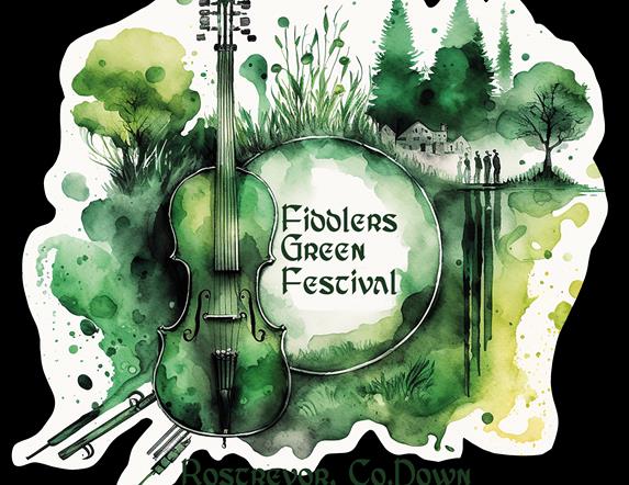 Watercolour-style logo for Fiddler's Green Festival featuring a green violin, trees.
