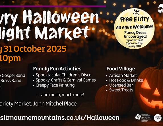Graphic promoting Newry Halloween Twilight Market on 31 October 2025. Image of a Twilight Market at night with a glowing pumpkin in the right-hand cor