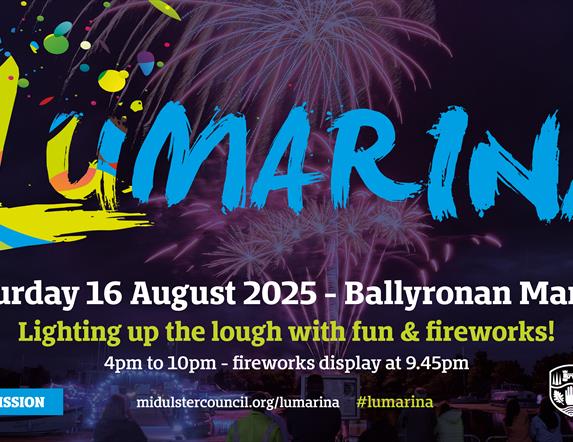 Bright coloured flyer promoting Lumarina event with fireworks in background
