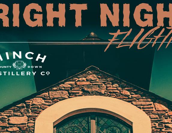 Image shows poster advertising Fright Night Flight in orange text with a green and black background and the walled structure of distillery showing in