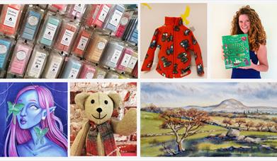 grid of 6 images showing products made by Midtown Makers members, including wax melts, child's fleece jacket, illustrated book, painting of fairy woma