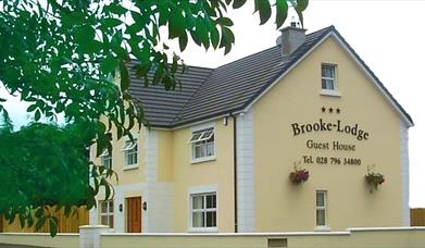 Outside of Brookelodge Guest House.  Yellow painted 2 storey detached house with wooden front door