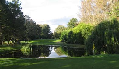 Image is of golf course with lake around it