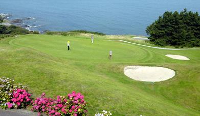 Photo of golfers in play on the green with waters of Belfast Lough in background