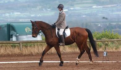 Image shows rider on a horse in a field with countryside in the background