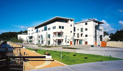 Image shows front of the Civic Centre which houses the Island Arts Centre