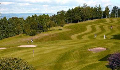 Golfers on the green with woodland and coast in background