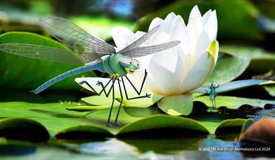 Dart the dragonfly standing beside Lloyd the fly on  a leaf on a pond. 