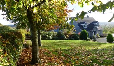 A lawn with falling leaves of a large grey house in the hills.